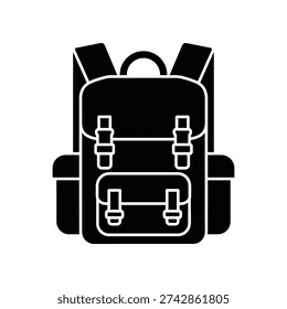 Clean and modern flat design black backpack vector illustration, perfect for travel, education, business, and lifestyle graphic design projects with minimalist aesthetic.