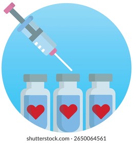 Um ícone de design plano limpo e moderno que representa uma injeção ou seringa médica, adequado para conceitos de saúde, ciência ou relacionados à medicina. Apresenta uma seringa simples e estilizada.