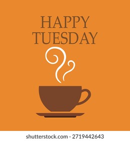 Una ilustración de diseño plano limpio y moderno con una taza humeante de café y el texto "Martes feliz". Este gráfico minimalista es perfecto para saludos matutinos, publicaciones en redes sociales, motivación diaria y contenido digital con temas de estilo de vida. La estética brillante y profesional lo hace ideal para boletines de oficina, encabezados de blog y tarjetas de felicitación.