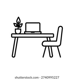 Clean and modern flat design illustration of a minimalist home office workspace featuring a laptop, small potted plant, and ergonomic chair in neutral tones.