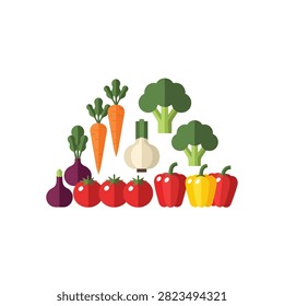 A clean and modern flat design illustration featuring a variety of fresh vegetables including carrots, broccoli, garlic, tomatoes, bell peppers, and beets. The colorful icons are arranged in a neat group against a white background, perfect for healthy eating, cooking, or grocery-related themes.