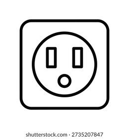 Clean and modern flat design power outlet icon with two plug slots and grounding hole on a white background, ideal for electrical and tech-related projects.