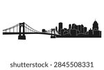 A clean and modern flat design vector illustration depicting the skyline of Pittsburgh, Pennsylvania. The artwork includes stylized representations of downtown skyscrapers, the confluence of the three rivers, and famous yellow bridges. Suitable for travel, business, and urban development themes.