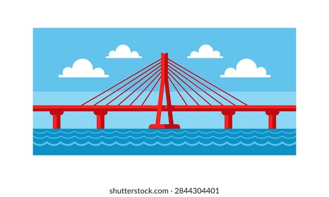 A clean and modern flat design vector illustration featuring a vibrant red cable-stayed bridge over wavy blue water. The scene includes a central structural tower with supporting cables, several support pillars, and a clear blue sky with stylized white clouds. This minimalist architectural landscape is suitable for travel, infrastructure, and engineering concepts.