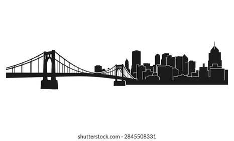 A clean and modern flat design vector illustration depicting the skyline of Pittsburgh, Pennsylvania. The artwork includes stylized representations of downtown skyscrapers, the confluence of the three rivers, and famous yellow bridges. Suitable for travel, business, and urban development themes.