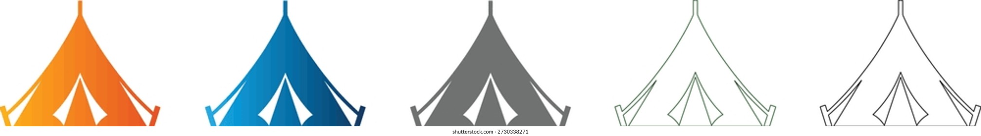 A clean and modern flat icon depicting a tent camp, rendered as a solid black vector symbol, isolated for versatility within a professional icon set.