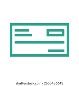 A clean, modern flat icon representing a cheque, designed with simplicity and clarity. This graphic is ideal for financial, banking, or payment-related digital interfaces and applications.