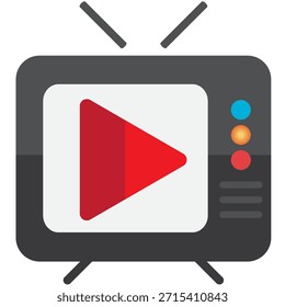 Ilustración plana limpia y moderna de un televisor clásico con una antena, Botones laterales coloridos y un Grande símbolo de juego en la pantalla. Video Este gráfico minimalista representa la transmisión, transmisión, contenido y entretenimiento multimedia. Ideal para interfaces de Sitio web, menús de App móviles y marketing de medios digitales