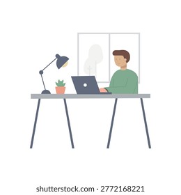 A clean, modern flat illustration of a male character working on a laptop at a minimalist desk. The scene features a cozy home office setup with a desk lamp, a small potted succulent, and a window view in the background. This high-quality vector is perfect for blog posts about remote work, online learning platforms, digital nomad lifestyles, freelance career websites, and corporate employee wellness banners.