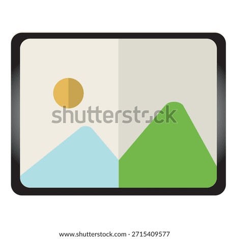 clean and modern flat illustration of a picture or gallery icon. Featuring a black frame containing stylized mountains and a sun on a split-color background. This minimalist graphic represents photography, digital media, file folders, and creative portfolios. Perfect for website interfaces, mobile app menus, and digital asset management visuals