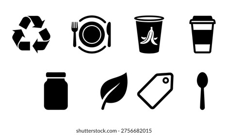 Clean, modern flat lay composition featuring reusable kitchen items, dining utensils, and eco-conscious symbols on a light background. Ideal for sustainable living, zero waste campaigns, green marketing, and household organization content.