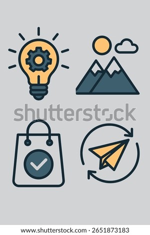 A clean and modern flat line icon set featuring four minimal illustrations: a light bulb with a gear representing innovation or ideas, a mountain landscape with sun and cloud symbolizing nature or tra
