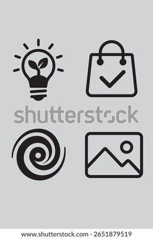 A clean and modern flat line icon set featuring four minimal illustrations: a light bulb with a gear representing innovation or ideas, a mountain landscape with sun and cloud symbolizing nature or tra