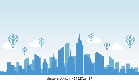 A clean and modern flat vector illustration featuring a blue city skyline silhouette with various skyscrapers. The scene is decorated with hot air balloons and white clouds floating in a clear light blue sky. With a large copy space at the top, this horizontal background is perfect for web banners, travel promotions, urban planning presentations, and corporate headers.