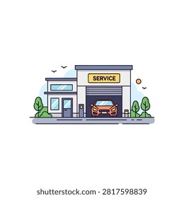 A clean and modern flat vector illustration of an automotive service center. The image features an orange car inside a garage bay with a prominent 'SERVICE' sign above. The building includes an office area with windows and is surrounded by stylized green trees and bushes under a clear sky with a sun and birds.