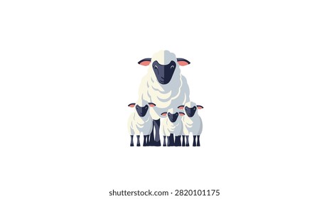 A clean and modern flat vector illustration featuring a large white sheep standing behind three smaller lambs. The animals have black faces and white woolly bodies, set against a plain white background. This minimalist design depicts a family of sheep in a stylized, professional graphic format.
