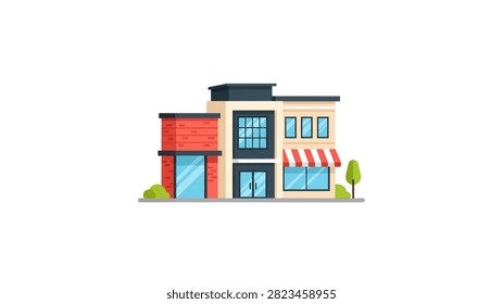 A clean and modern flat vector illustration of a multi-story commercial building or retail storefront. The design features a mix of red brick, cream-colored walls, and dark grey accents, complete with large glass windows and a classic red and white striped awning. Small green bushes and a tree sit at the base of the structure against a plain white background, making it ideal for business and urban planning concepts.