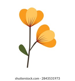A clean and modern flat vector illustration of two yellow-orange blossoms with detailed inner lines, growing from a single brown stem with a lone green leaf, isolated on a white background.