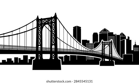 A clean and modern flat vector illustration depicting the urban skyline of Pittsburgh, Pennsylvania. The artwork showcases the city's unique architectural blend, including various tall office buildings, residential towers, and the recognizable yellow suspension bridges crossing the water. Designed with a minimalist color palette, this graphic represents the cityscape of the Steel City.