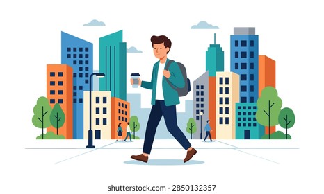 A clean, modern flat vector illustration depicting a busy morning commute in a metropolitan city. The scene includes various people walking on sidewalks, commuting by bicycle, and generic public transportation buses against a backdrop of stylized skyscrapers and a bright morning sky.