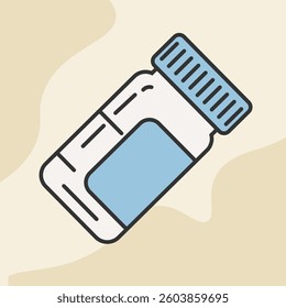 A clean and modern flat-line icon of a medicine bottle with a blue label and cap, representing pharmaceuticals, healthcare, and medication