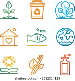 Ícones ecológicos limpos e modernos de estilo flat-line, incluindo natureza, energia e conceitos ambientais.