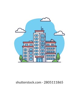 A clean and modern flat-style illustration of a multi-story office or apartment building with a central tower and two side wings. The design features numerous windows, a main entrance, and is set against a blue sky background with clouds and small trees, creating a professional urban scene.