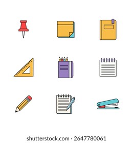 Ícones de papelaria de estilo plano limpos e modernos. Inclui pino, bloco de notas, lápis, régua e muito mais. Ideal para aplicativos de escritório, UI educacional e painéis de produtividade.
