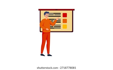 A clean and modern flat-style vector illustration of a professional presenting a marketing strategy, standing confidently and pointing to a large board with charts and data. Ideal for digital marketing, business strategy, sales presentation, advertising campaign, market analysis, branding, or corporate planning concepts in vibrant colors.