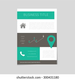 Clean and modern flyer in flat design in minimalistic style for universal use. With home, place and contact icon.
