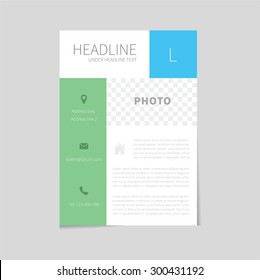Clean and modern flyer in flat design in minimalistic style for universal use. With home, place and contact icon. Blue and green color.