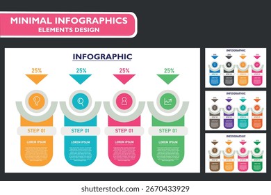 Um modelo infográfico horizontal limpo e moderno de quatro etapas. Este design vetorial é perfeito para delinear processos de negócios, planos de marketing e estágios de projeto com ícones.