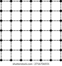 Um padrão de grade geométrica limpo e moderno é criado pela interseção de linhas tracejadas e círculos pretos sólidos em um fundo branco nítido