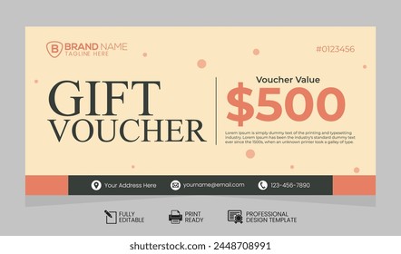 Clean Modern Gift Voucher Vector Template with 500 Dollars Value