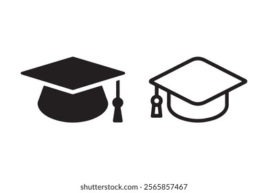 Clean and modern graduation cap vector icons in black and outline styles. Perfect for educational designs, certificates, school projects, and academic illustrations.