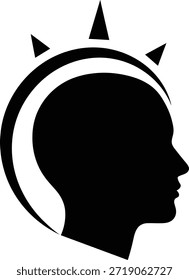 A clean and modern graphic design featuring a side view of a person's head wearing a sharp three-pointed crown emblem. Vector illustration