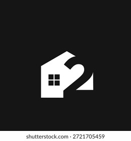 Diseño gráfico limpio y moderno con una forma de casa integrada con el número dos, aislado sobre un fondo negro. Perfecto para la marca inmobiliaria o logotipos de propiedades.