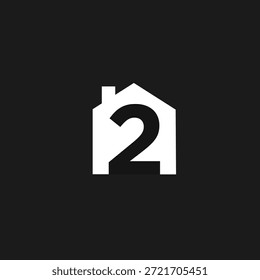 Un gráfico limpio y moderno con una forma de casa estilizada con el número dos integrado, en blanco sobre un fondo negro. Ideal para la marca inmobiliaria, inmobiliaria o residencial.