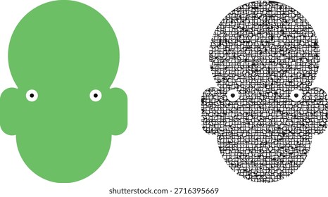 Un gráfico limpio y moderno con dos siluetas idénticas de cabeza simétrica con una oreja bulbosa única y una estructura de corona redondeada. El carácter izquierdo se representa en un sólido y vibrante verde con simples ojos "pupila" blancos y negros. El personaje correcto presenta la misma silueta, pero está lleno de una textura orgánica densa y compleja en blanco y negro con sombreado cruzado o en forma de cuadrícula. Este activo es ideal para la marca de vanguardia, el diseño de ropa de calle, avatares únicos de redes sociales o como base para patrones textiles impulsados por personajes.