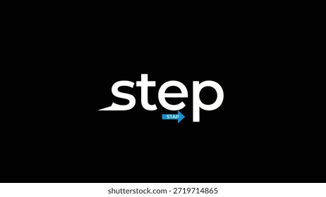 A clean and modern graphic featuring the word "step" in white, bold lettering against a stark black background. A small, blue arrow labeled "STAP"