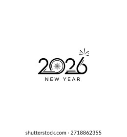 A clean and modern graphic featuring the year 2026 in a stylized font, with a subtle firework burst above the number 6, and the text 'NEW YEAR' below.