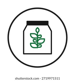 Un icono gráfico limpio y moderno presenta un diseño simplista de bolsa de fertilizante, que enfatiza la agricultura sostenible. Representa prácticas respetuosas con el medio ambiente y el ciclo de crecimiento natural. El fertilizante