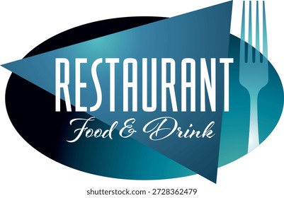 Un logotipo gráfico limpio y moderno diseñado para un restaurante o negocio de alimentos y bebidas. El logotipo presenta la palabra “RESTAURANT” con el subtítulo “Comida y bebida”, combinado con una forma ovalada abstracta azul y negra y un ícono de tenedor estilizado. Ideal para marcar restaurantes, cafeterías, bistrós, servicios de catering, menús, señalización y materiales de marketing digital.