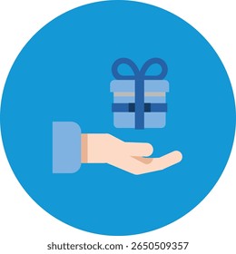 A clean, modern graphic representing the act of giving a gift, rendered in a simple, flat design style. This icon conveys generosity, celebration, and thoughtful exchange.