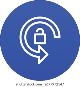 Um gráfico limpo e moderno que representa um desbloqueio de seta circular, simbolizando a liberdade de movimento, rotação irrestrita ou um mecanismo liberado. Ideal para conceitos de tecnologia e segurança.