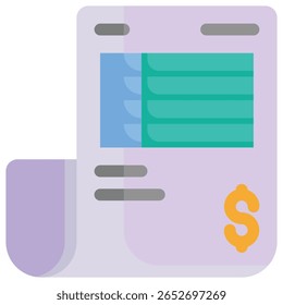 Um gráfico limpo e moderno que representa um documento financeiro, adequado para aplicativos de negócios, contabilidade ou relacionados a pagamentos. Esse ícone versátil transmite transações e manutenção de registros.