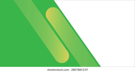 A clean, modern, and high-visibility abstract banner vector illustration, featuring a dynamic geometric layout split diagonally. The left half showcases overlapping diagonal stripes in fresh shades of lime and forest green, embedded with a prominent diagonal capsule pill shape rendered in a soft yellow-to-green gradient. The right side is composed of a pure white open space, providing extensive blank copy space for custom typography, company branding, or marketing slogans. This versatile design asset denotes themes of ecological sustainability, corporate wellness, bio-technology innovation, or fresh organic agriculture. Perfectly tailored for digital advertising backdrops, website header hero sections, business card backdrops, professional presentation slides, and corporate brochure covers