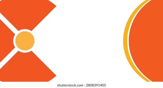 A clean, modern, and high-visibility abstract banner vector illustration, featuring a vibrant orange and yellow geometric design framing a pure white central text area. The left side showcases an abstract cross or hourglass pattern in bright orange, centered with a lighter peach-orange solid circle node. The right border features a large crescent arch shape in orange, accented by a thin yellow curved ribbon element. The expansive open central space provides extensive blank copy space for custom business typography, corporate logos, marketing slogans, or dynamic tech branding. Perfectly tailored for digital advertising backdrops, website header hero sections, business card templates, professional presentation slides, and modern event flyers