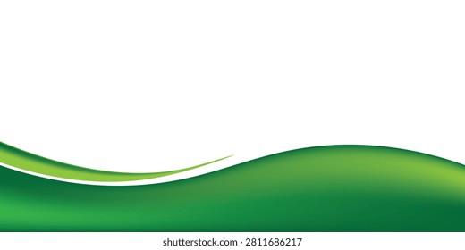A clean, modern, and high-visibility abstract banner vector illustration, featuring a fresh corporate layout. A smooth, fluid wavy ribbon shape with a vibrant lime green to deep emerald gradient sweeps elegantly across the bottom edge of a pure white canvas. The design features subtle lighting effects and overlapping organic curves that add depth and movement. The large, expansive white field above the green wave provides ample blank copy space for creative presentation slogans, eco-friendly marketing text, business identity branding logos, or sustainable technology promotions. This versatile design asset is perfectly tailored for corporate presentation slides, website footer sections, official marketing flyers, environmental event backgrounds, and minimalist brochure covers