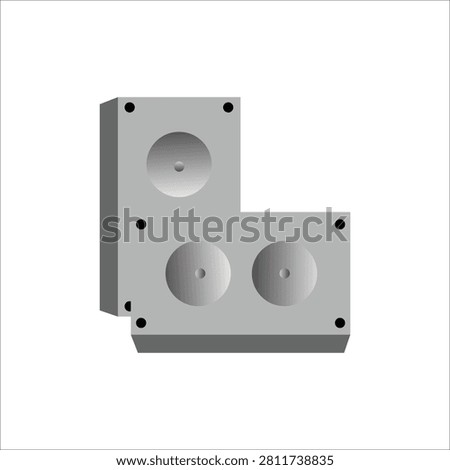 A clean, modern, and high-visibility vector illustration of a modular audio speaker system arranged in a distinct L-shape configuration. The design features blocky geometric cabinets rendered with smooth grey gradients that create a subtle 3D depth and shadow effect. The setup showcases three circular sound cones distributed across the panels, detailed with small black screw dots in the corners. Set against a pure white backdrop, this versatile graphic asset beautifully visualizes creative audio arrangements, home theater setups, sound reinforcement, and modern studio equipment. It is perfectly tailored for tech product websites, electronic store ads, music festival flyers, multimedia presentation slides, and professional audio branding